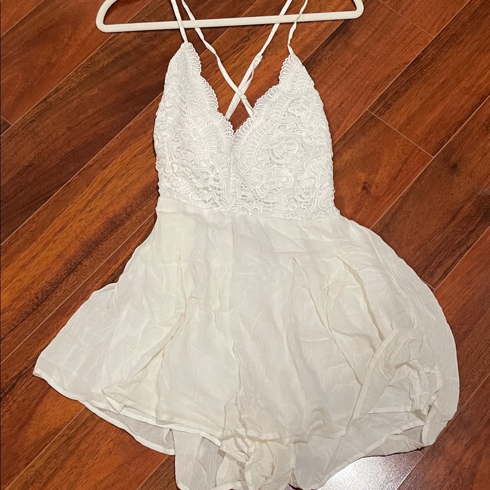 Lulu's White Lace Spaghetti Strap Romper